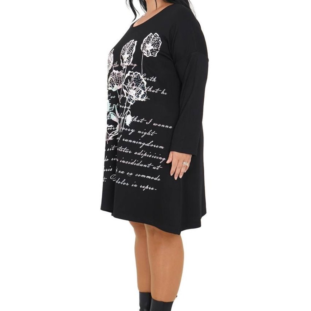 Designer Bright Black and White Rhinestone Tunic X XXL with Floral Accents - Picture 2 of 4